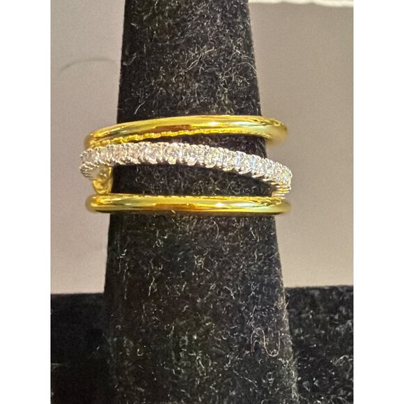 Gold Silver Plated Triple Band Stacker Ring CZ Stones Connected Size 8.5 NEW - Picture 1 of 4